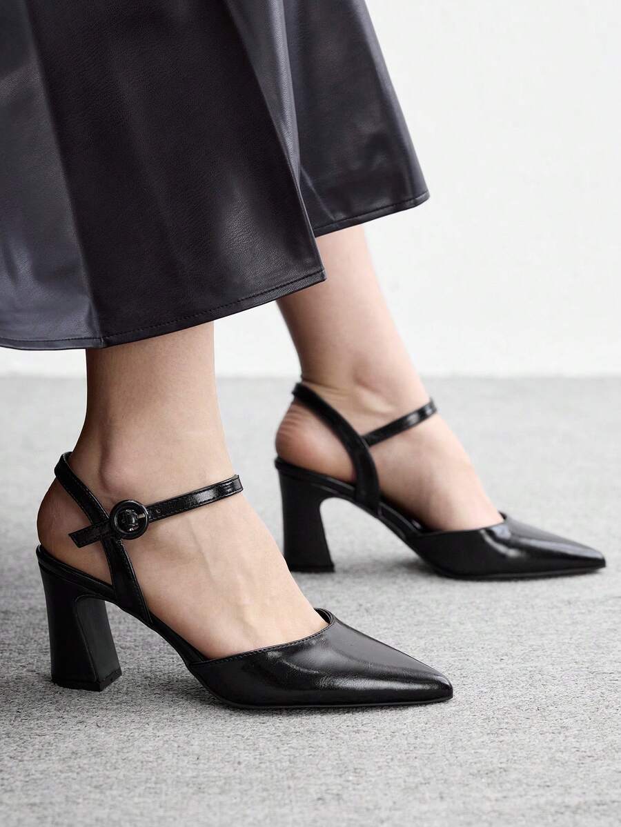 CUCCOO BIZCHIC Women's, Black, Leather Texture, Pointed Simple Thick Heel Buckle Empty High Heels, Suitable For Office And Business Wear - Black - View 1