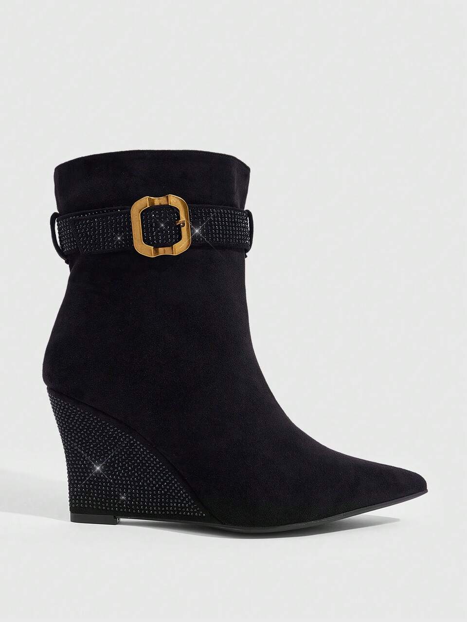 CUCCOO SZL Women Shoes Pointed Wedge Heel Black Suede Rhinestone Bag Heel Belt Buckle Boots Fashion Sexy Party Gorgeous Autumn And Winter Ladies And Ankle Boots