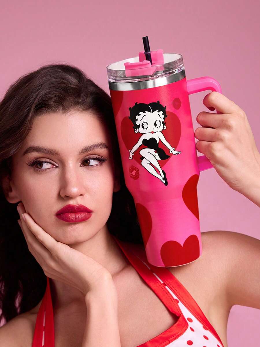 Betty Boop x SHEIN 40oz 附手柄保溫杯,真空保溫水壺,不鏽鋼旅行馬克杯,車用杯 - 紅色 - 查看 1