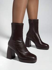 SHUZIA Women's Fashionable & Comfortable Stretch PU Block Heel Zip-Up Ankle Booties - Brown - View 2
