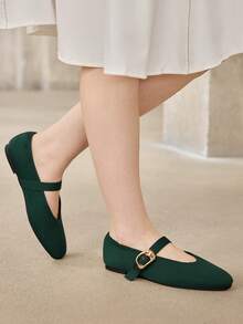 MOTF PREMIUM WOMEN SQUARE TOE BUCKLE STRAP FLATS FOR CHRISTMAS - Dark Green - View 5