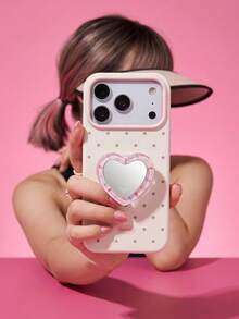 ShellaStory Heart-Shaped Mirror Stand Compatible With Apple 17PM Phone Case For Phone 16, Suitable For 15 High-End Appearance, 14 Soft, 17 Fresh Polka Dot Fashion, Personality, Girl, Creativity, Simple Style, Small Fresh, Niche, Ins Style - White - View 2