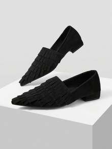 Mnmlis Retro Black Suede Fringed Pleated Low-Heeled Shoes, Rear Elastic Soft-Soled Versatile Commuter Low Vamp Women's Shoes - Black 2 - View 1