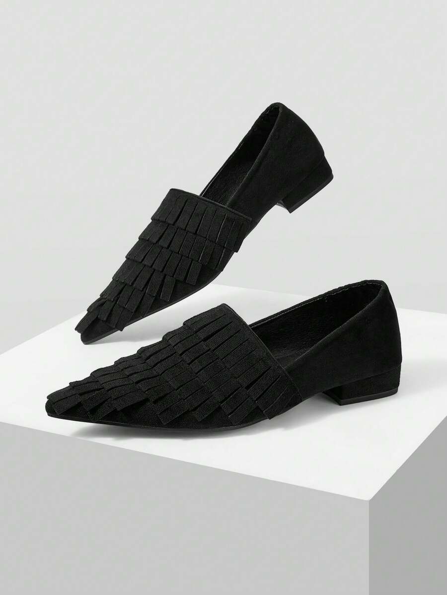 Mnmlis Retro Black Suede Fringed Pleated Low-Heeled Shoes, Rear Elastic Soft-Soled Versatile Commuter Low Vamp Women's Shoes - Black 2 - View 1