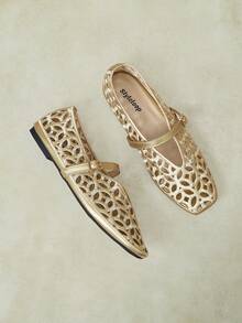 Styleloop Giày Mary Jane nữ đế bệt mũi vuông, chạm rỗng nhiều màu, phong cách retro đi làm, mẫu xuân hè phù hợp dùng hàng ngày - Vàng A - Xem 5