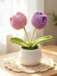 1Pc Hand‑Crocheted Double‑Head Tulip Potted Plant, Knitted Artificial Flower Bonsai, Cute Desktop Ornament, Handmade Home Decor Gift - B - View 9