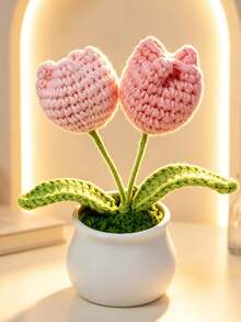 1Pc Hand‑Crocheted Double‑Head Tulip Potted Plant, Knitted Artificial Flower Bonsai, Cute Desktop Ornament, Handmade Home Decor Gift - B - View 8