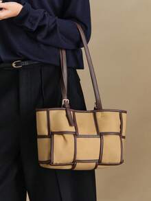 Wovira Women's Fashion Khaki Shoulder Bag, Retro Contrasting Woven Tote Bag, Suitable For Daily, Commuting, Shopping, Gift Giving - Khaki - View 2