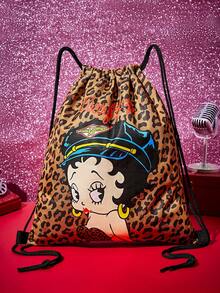 Betty Boop X Joivida Leopard Print Cartoon Character Double-Sided Pattern Drawstring Backpack Lightweight Sports Sack Bag For Gym Yoga Travel Daily Use - leopard print - View 2