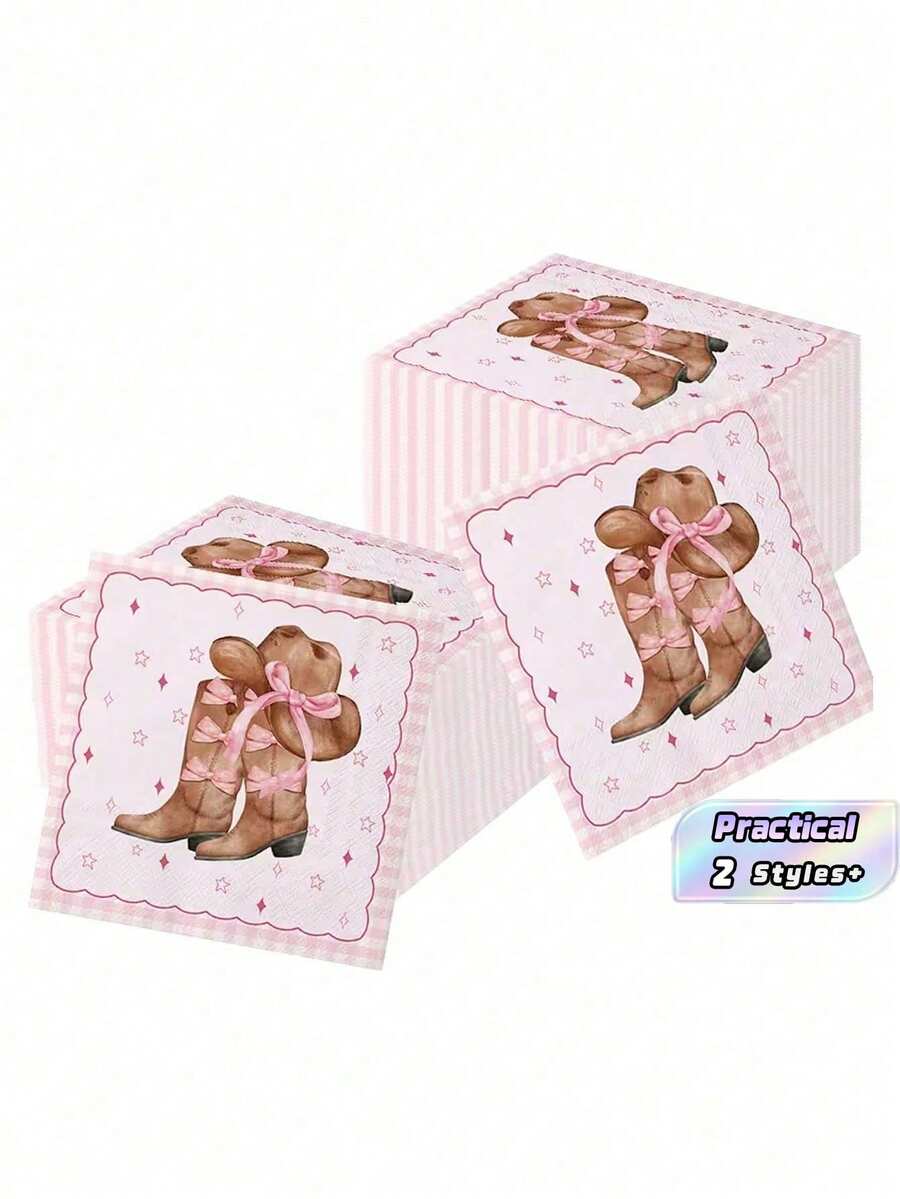 40/20pcs Western Cowboy Bow Theme Napkins - Disposable Napkins With Western Cowboy Pink Bow Pattern, Holiday Party Table Decoration, Home Dining Convenient Paper Napkins, Suitable For Wedding Party, Graduation Party, Birthday Party, Theme Party - One Size Fits All - View 1