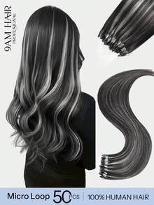 Micro Loop Human Hair Extensions Premium Remy Hair P1B/Grey Highlight Invisible Micro Link Bead Hair No Glue No Tape Design 50Pcs 12-22 Inch Anti Shedding Soft Texture Ideal For Full Head Makeover Girls & Women - S1B/Grey - View 1