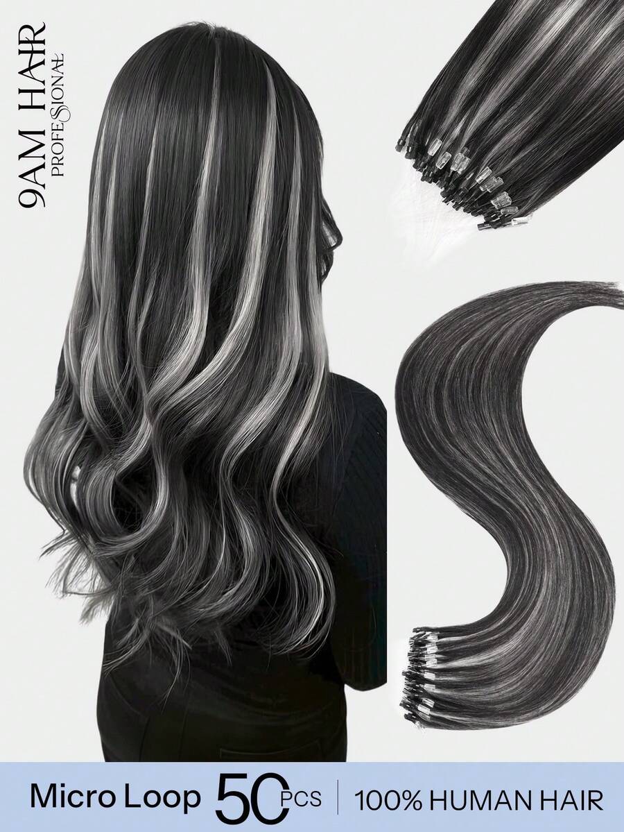 Micro Loop Human Hair Extensions Premium Remy Hair P1B/Grey Highlight Invisible Micro Link Bead Hair No Glue No Tape Design 50Pcs 12-22 Inch Anti Shedding Soft Texture Ideal For Full Head Makeover Girls & Women - S1B/Grey - View 1
