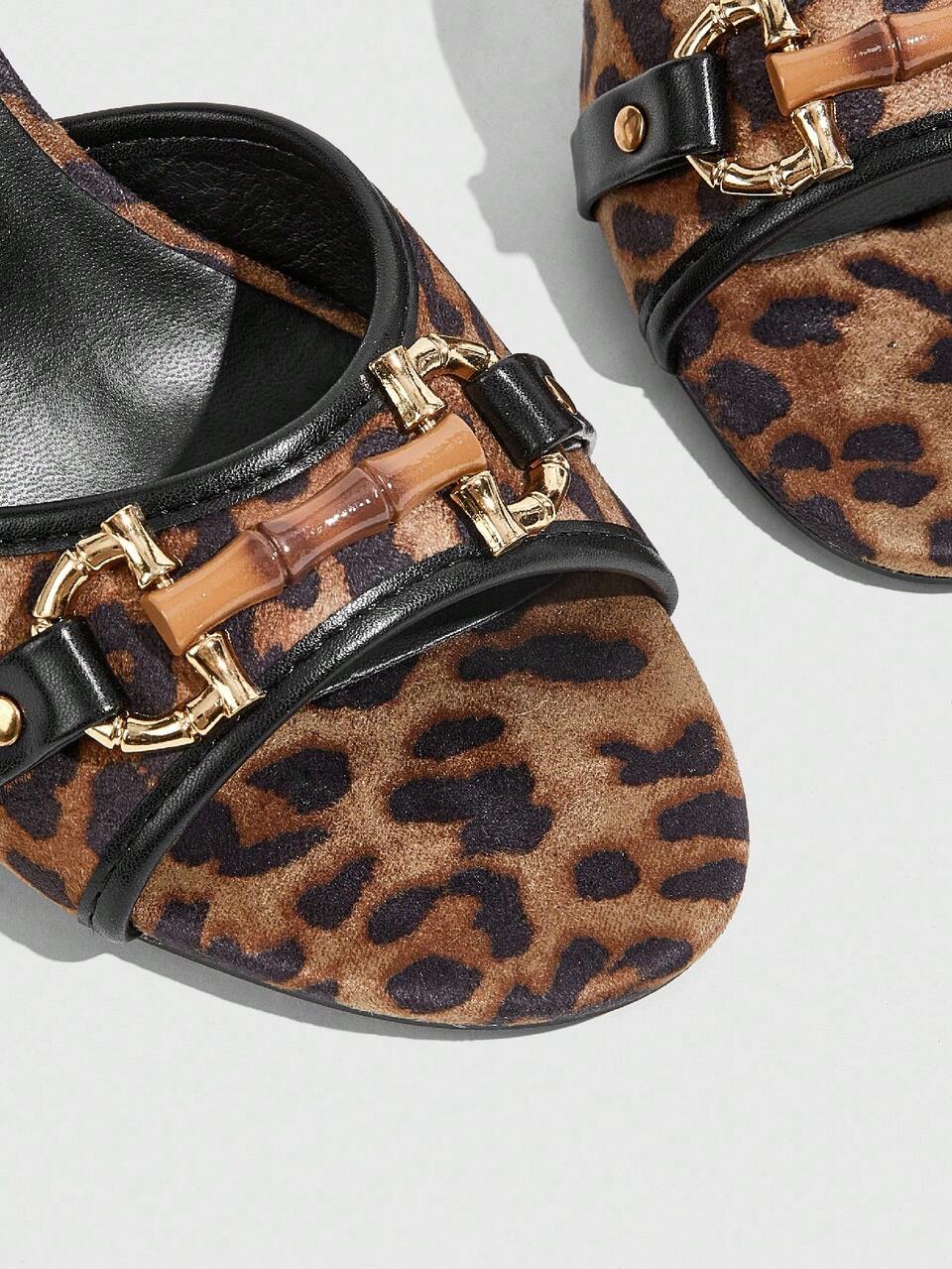 CUCCOO SZL Women Shoes Leopard Print Gold Buckle Classic Fashion Mules Round Toe High Heel Sandals