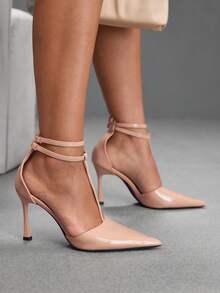 CUCCOO SZL Sepatu Hak Tinggi Wanita Model T-Band Lancip dari Kulit Paten Warna Nude - Aprikot - View 7