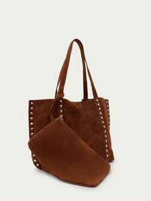 Nöista Brown Suede Effect Tote Bag With Long Handles And Silver Studs Detailing Along The Seams And Sides. - reddish brown - View 2