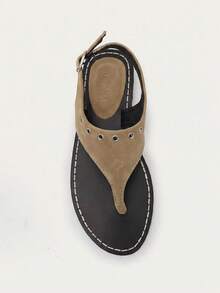 Nöista Flat Toe Sandals With Eyelet Details, Contrast Stitching And Adjustable Straps For A Casual Look - Khaki - View 1