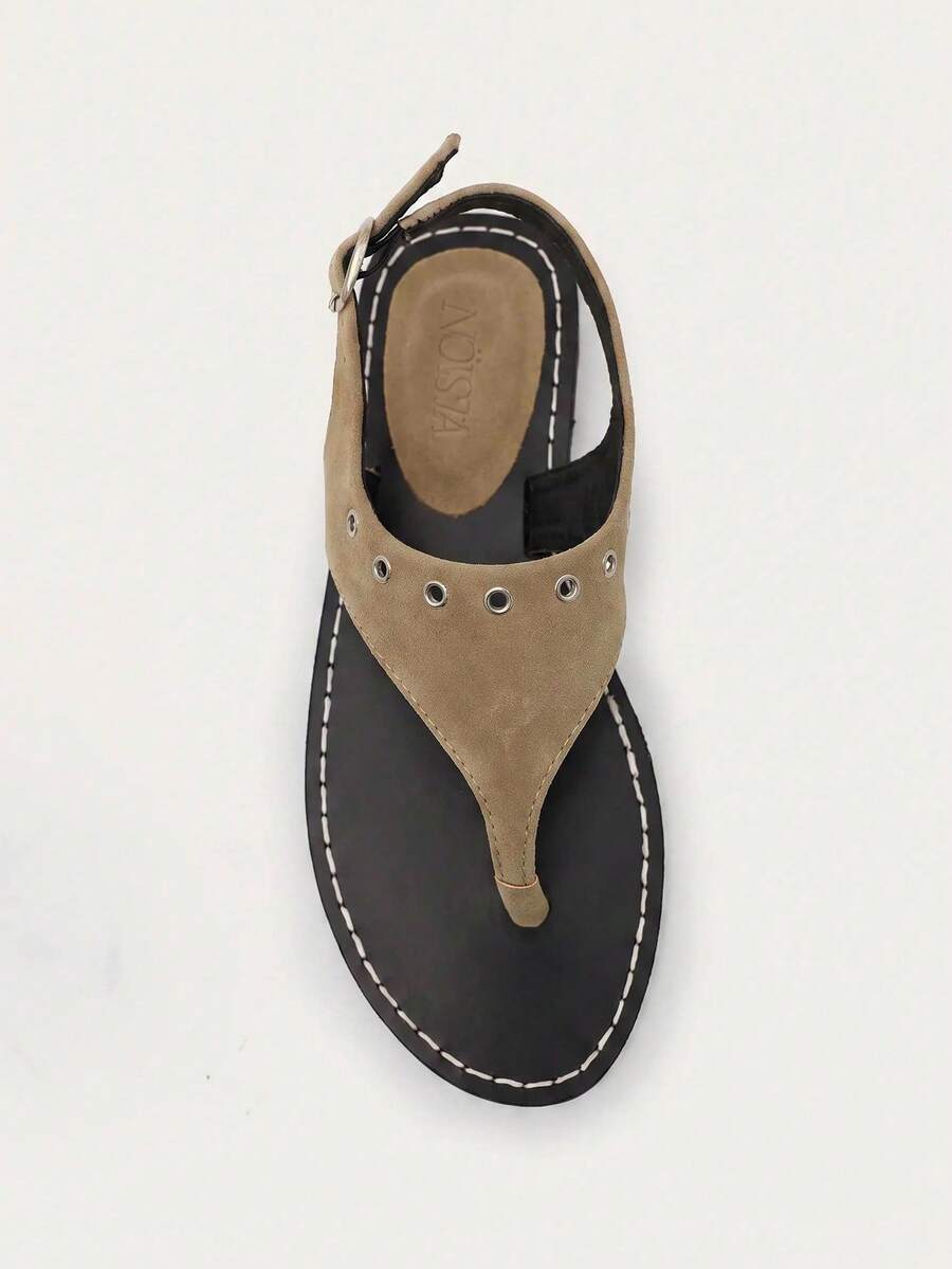 Nöista Flat Toe Sandals With Eyelet Details, Contrast Stitching And Adjustable Straps For A Casual Look - Khaki - View 1