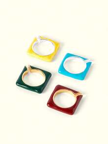 Popjeli 18k Gold-Plated Macaron Drip Glaze Square Ring Retro Hong Kong Style Personalized Index Finger Ring Niche Accessories - Green Yellow Red Blue - View 4