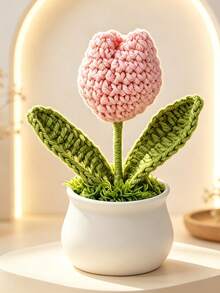 1Pc Hand‑Crocheted Single‑Head Tulip Potted Plant, Knitted Artificial Flower Bonsai, Desktop Tabletop Ornament, Handmade Home Decor Gift - A - View 9