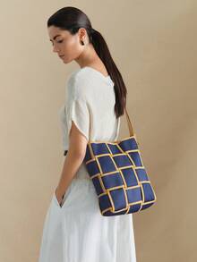 Wovira Tas Tote Biru Retro Fashion Wanita, Proses Anyaman Klasik, Tas Bahu dengan Kombinasi Warna Kontras Retro, Untuk Penggunaan Sehari-hari, Bepergian, Perjalanan, Belanja - Biru Tua + Coklat - View 1