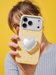 ShellaStory 心形鏡面支架，相容 Apple 17PM 手機殼，適用於 Phone 16、15，高端外觀，14 柔軟，17 清新波點時尚，個性女孩創意簡約小清新小眾 Ins 風 - 黃色 - 查看 2