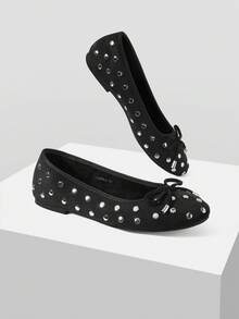 Mnmlis Women's Rivet Ballet Flats, Black Suede Round Toe Bow Slip-On Flats, Daily/Office/Party Comfort Flats - Black - View 5
