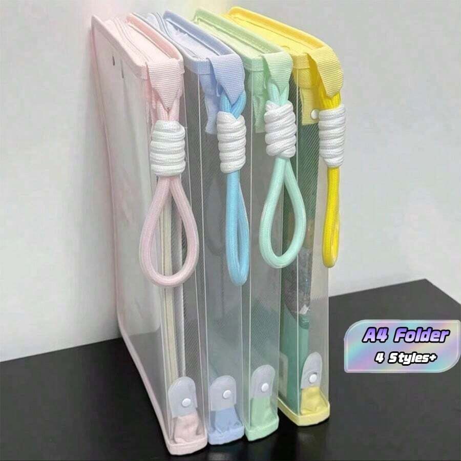 Macaron-Colored Transparent A4 File Folder, Large Capacity Textbook Zippered Student Tote Bag, Thick Waterproof Storage Bag With Hanging Rope For Carrying Files. - Multicolor - View 1