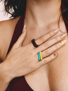 Popjeli 18k Gold-Plated Macaron Drip Glaze Square Ring Retro Hong Kong Style Personalized Index Finger Ring Niche Accessories - Green Yellow Red Blue - View 7