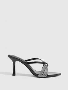 CUCCOO SZL Black Rhinestone Pointed High-Heeled Sandals Women, Cross-Strapped Stilettos, Banquet One-Button Open-Toed Shoes - Black - View 2