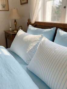 Cirelle Set 3 buah Sarung Selimut Bergaris Biru Muda, Set Perlengkapan Tidur Bolak-balik Poliester Lembut dengan 2 Sarung Bantal, Sarung Selimut Lembut, Bernapas, dan Tahan Kerut - Garis-garis biru langit - View 2
