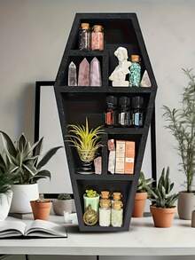 Unique Coffin‑Shaped Wooden Wall‑Mounted Shelf, Handmade Hanging Storage Rack, Spacious Display Shelf For Crystals, Home Decor For Halloween & Easter - Black - View 4