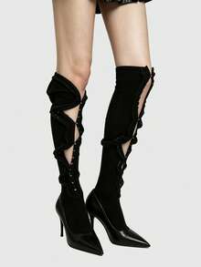 ROMWE Anime 1 Pair Vintage Style Lace Trim Over-The-Knee Socks, Y2K Black Solid Color High Tube Socks, All-Season Long Socks - Lace Black - View 2