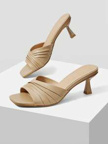 Mnmlis Women's Spring/Summer New Pleated Strap Design Square Toe Stiletto Heel Mule Sandals, Minimalist Elegant Leather Backless Slides For Daily Commute, Dating And Summer Outfits - Apricot - View 1
