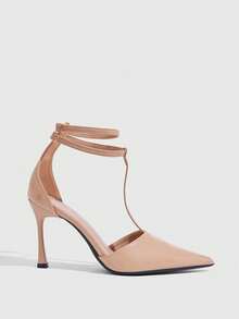CUCCOO SZL Sepatu Hak Tinggi Wanita Model T-Band Lancip dari Kulit Paten Warna Nude - Aprikot - View 5