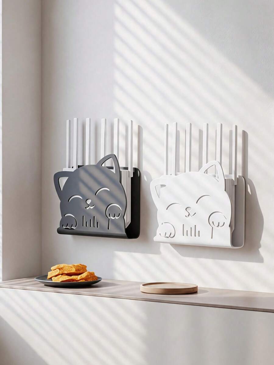 Haus Hana Cute Cat Shaped Wall-Mounted WiFi Router Storage Box, Hollow Out Ventilated Organizer, Cable Management Shelf For Modem, Set-Top Box, Power Strip, Easy Installation, Great For Home, Living Room, Bedroom, Office.Home&Living - Multicolor - View 1