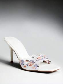 SHEIN SHUZIA 女款優雅花卉刺繡緞面一腳蹬高跟涼鞋 - 彩色 - 查看 5