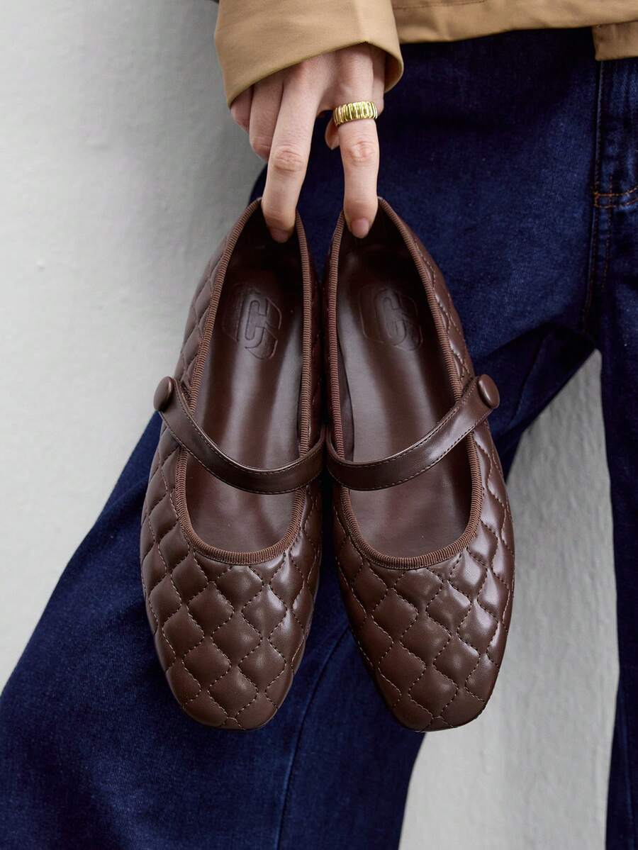 CUCCOO BIZCHIC Women's Square Toe Embroidered Coffee Color Mary Jane Flat Shoes, Minimalist Elegant Comfortable Old Money Style - coffee color - View 1