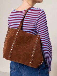 Nöista Brown Suede Effect Tote Bag With Long Handles And Silver Studs Detailing Along The Seams And Sides. - reddish brown - View 5