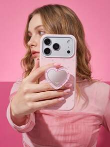 ShellaStory Heart-Shaped Mirror Stand Compatible With Apple 17PM Phone Case For Phone 16, Suitable For 15 High-End Appearance, 14 Soft, 17 Fresh Polka Dot Fashion, Personality, Girl, Creativity, Simple Style, Small Fresh, Niche, Ins Style - Pink - View 2