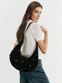 SHECARRY Ladies' Fashionable Black Shoulder Bag, Exquisite Rivet Decoration, Simple Crescent Bag, For Daily, Commuting, Shopping, Festivals - Black - View 1