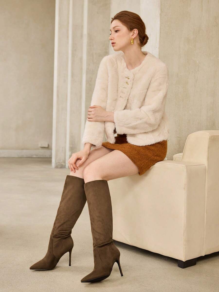 MOTF WOMEN'S FASHION LEATHER KNEE-HIGH HEELED BOOTS, SEXY & LUXURIOUS, AUTUMN/WINTER FOR CHRISTMAS SPRING SHOES - Light khaki - View 2