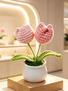 1Pc Hand‑Crocheted Double‑Head Tulip Potted Plant, Knitted Artificial Flower Bonsai, Cute Desktop Ornament, Handmade Home Decor Gift - B - View 2
