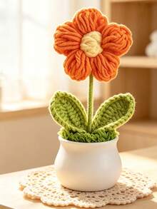 1Pc Hand‑Crocheted Big Puff Flower Potted Plant, Knitted Artificial Flower Bonsai, Desktop Tabletop Ornament, Handmade Home Decor Gift - A - View 11