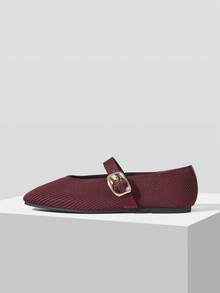 MOTF PREMIUM WOMEN SQUARE TOE BUCKLE STRAP FLATS FOR CHRISTMAS - Burgundy - View 3