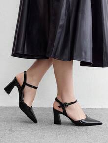CUCCOO BIZCHIC Women's, Black, Leather Texture, Pointed Simple Thick Heel Buckle Empty High Heels, Suitable For Office And Business Wear - Black - View 4