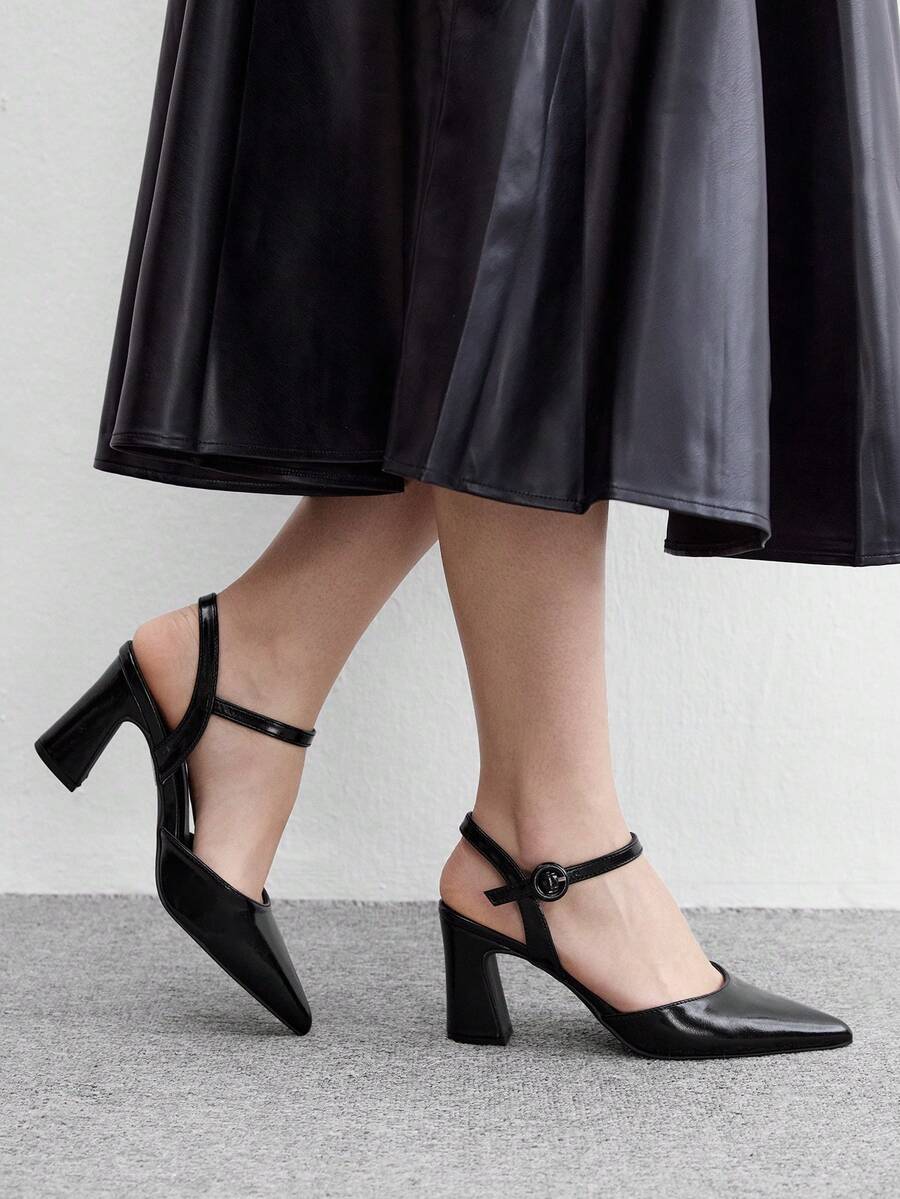 CUCCOO BIZCHIC Women's, Black, Leather Texture, Pointed Simple Thick Heel Buckle Empty High Heels, Suitable For Office And Business Wear Fall Shoes - Black - View 1