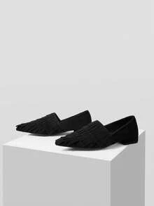 Mnmlis Retro Black Suede Fringed Pleated Low-Heeled Shoes, Rear Elastic Soft-Soled Versatile Commuter Low Vamp Women's Shoes - Black 2 - View 2
