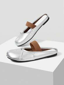 Mnmlis Women's Contrast Brown Elastic Strap Split Toe Tabi Flat Elegant Silver Slip On Mule Flats Fall Shoes - Silver - View 5