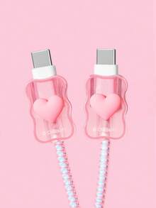 THE POWERPUFF GIRLS X SHEIN 數據線保護套，適用於 iPhone 充電器，4 件組手機線材保護套，充電器保護套（不含數據線） - 粉色 - 查看 8