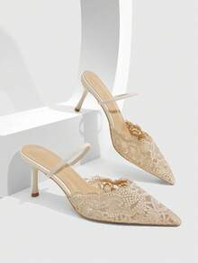 CUCCOO SZL Ladies Romantic Nude Lace High Heel Drag Pointed Thin Heel Half Drag - Apricot - View 1